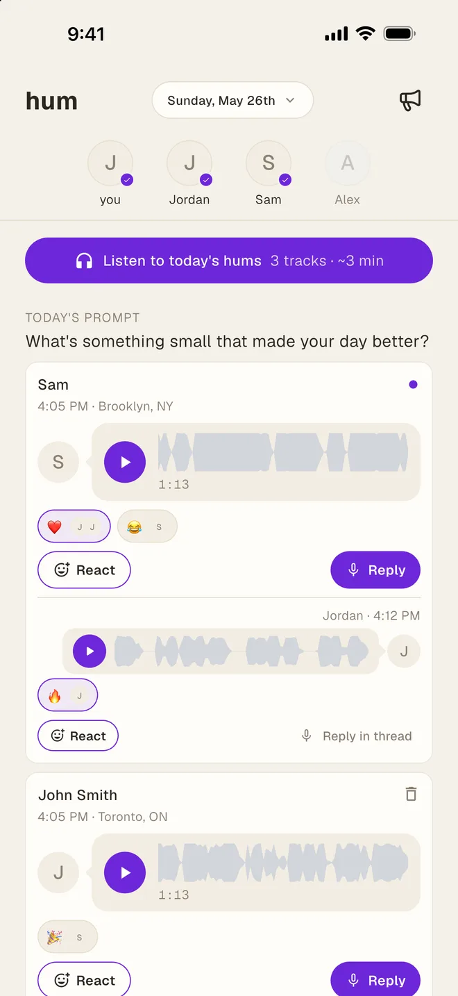 Friends' hums in the feed, with emoji reactions and a voice reply